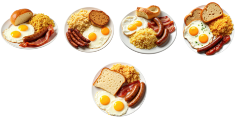 Five plates of classic American breakfast featuring eggs, fried rice, sausage, bacon, and bread isolated on a transparent background with an emphasis on close-up details and textures.
