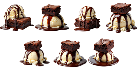 Chocolate brownies topped with vanilla ice cream and drizzled with chocolate syrup displayed on a transparent background in various arrangements with a glossy texture