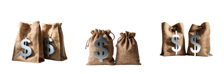 Burlap bags with dollar signs displayed on transparent background arranged in pairs highlighting their texture and design isolated for emphasis on financial themes and packaging options