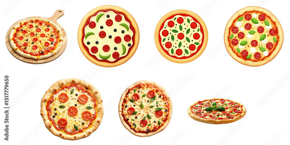 Poster various types of pizza designs with different toppings displayed on a transparent background for gra