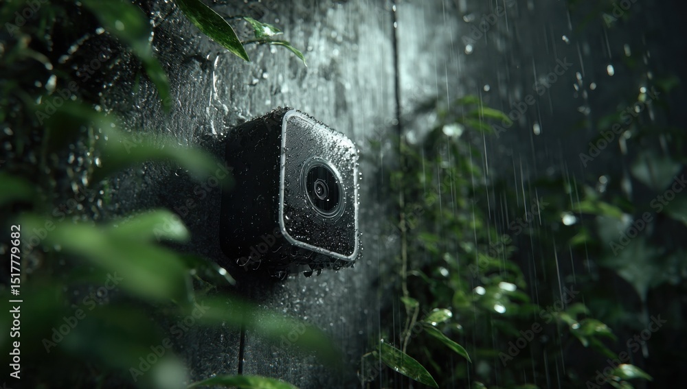 Poster security camera on wall in rain, showcasing home protection and technological innovation for modern 