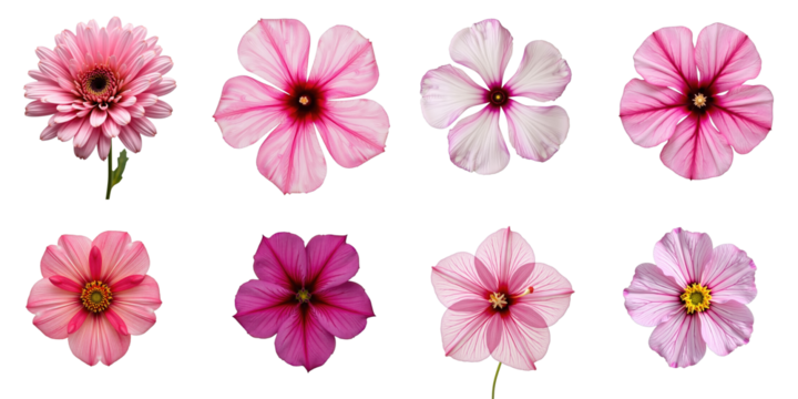 Assortment of eight pink flowers isolated on transparent background featuring diverse shapes and colors including gerbera daisies and hibiscus blooms arranged in a grid pattern
