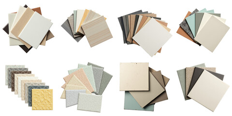 Assorted ceramic tile color samples for kitchen and bathroom interior design showcasing various textures, sizes, and finishes on a transparent background for material selection.