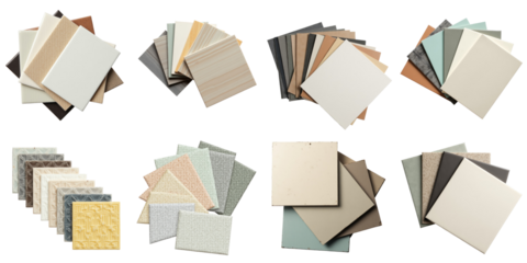 Assorted ceramic tile color samples for kitchen and bathroom interior design showcasing various textures, sizes, and finishes on a transparent background for material selection.