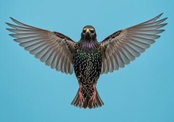 Fototapeta premium Majestic starling in full flight against a serene sky, nature avian beauty