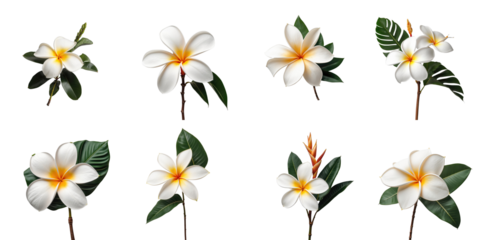 Nine frangipani flowers and leaves isolated on a transparent background featuring various angles and arrangements with vibrant white and yellow petals and green foliage