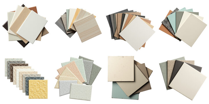 Assorted ceramic tile color samples for kitchen and bathroom interior design showcasing various textures, sizes, and finishes on a transparent background for material selection.