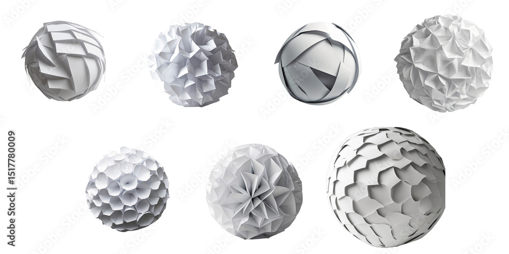 Poster collection of various textured white paper spheres isolated on a transparent background showcasing d