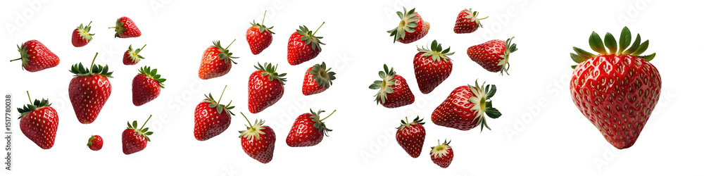 Poster fresh red strawberries arranged in various positions on a transparent background highlighting their 