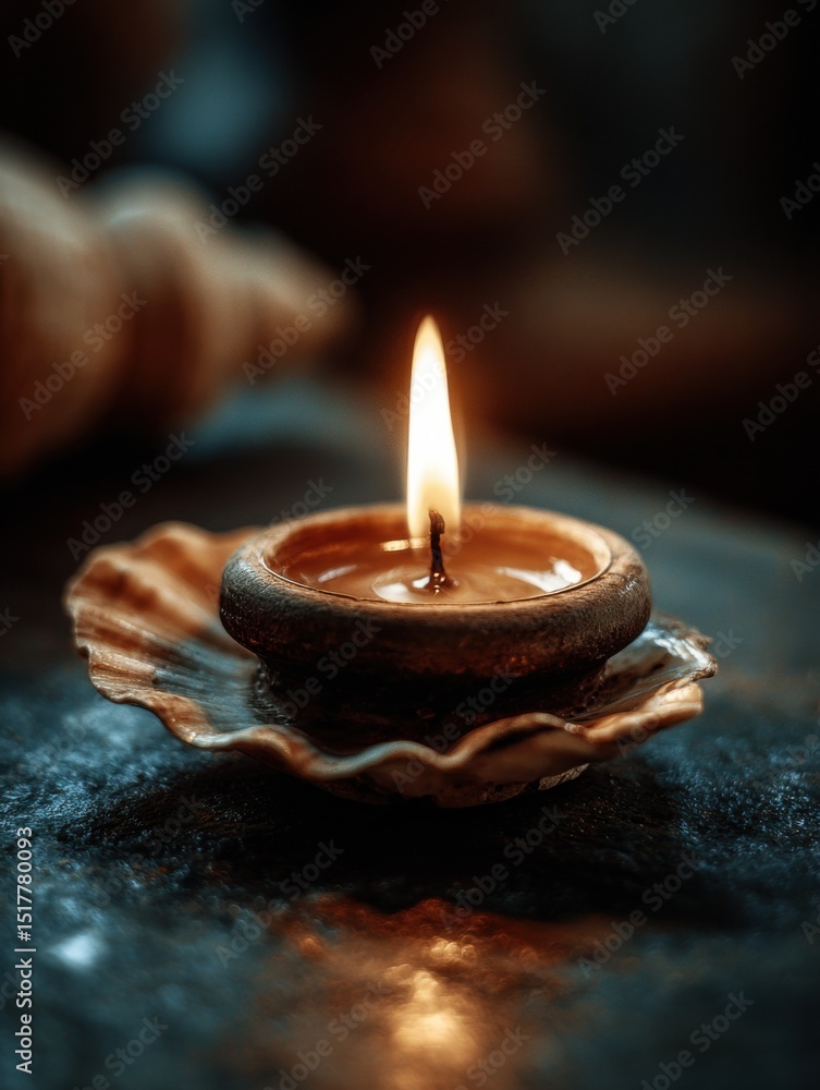 Poster burning candle in seashell holder casting warm light, symbolizing hope and remembrance during times 