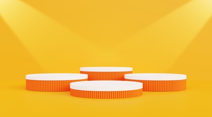 Orange and white podium with neon lights for displaying the most popular products. 3d illustration.