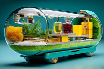 Futuristic eco-pod with microenvironment modules and greenery inside transparent shell