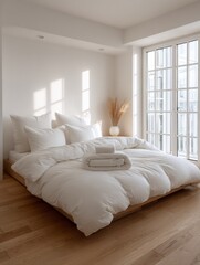 Minimalist Bedroom Interior With White Bedding and Natural Light, Representing Comfort and Home Decor Inspiration for Interior Design Projects : Generative AI