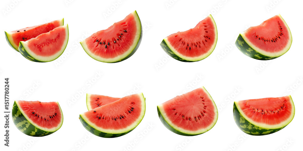 Poster sliced ripe watermelon pieces arranged on a transparent background displaying bright red flesh and g