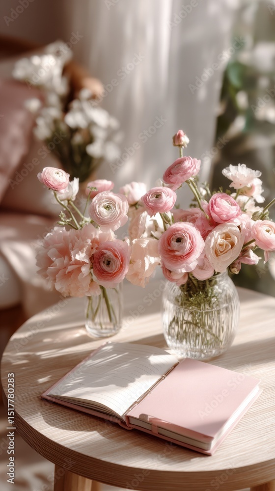 Poster pink ranunculus flowers in vases with open notebook on wooden table, representing self-care and crea