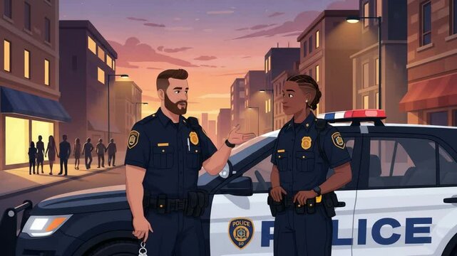 animation of a policeman on patrol and interrogating someone