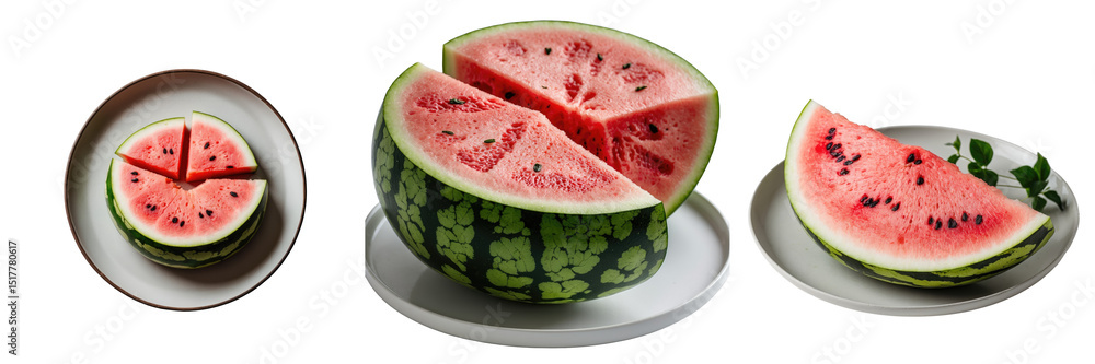 Poster closeup macro image of sliced watermelon on plates with different arrangements showcasing fresh frui