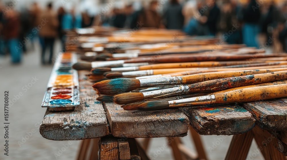 Poster creative tools paintbrushes arranged on a table in a crowded market setting.