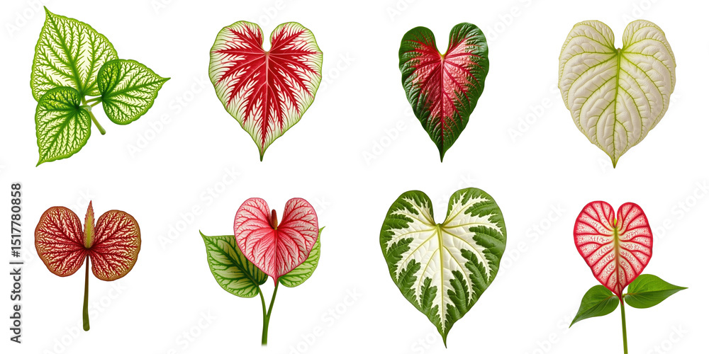 Poster various heart-shaped caladium leaves with distinctive patterns and colors isolated on a transparent 