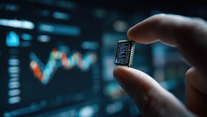 Fingers Holding Microchip Against Blurred Stock Chart, Symbolizing Technological Innovation and Financial Investment Opportunities : Generative AI