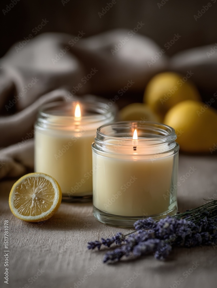 Poster scented candles with lemon and lavender on table, representing relaxation and aromatherapy for self-