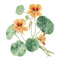 Obraz premium Botanical illustration of nasturtium flowers and leaves