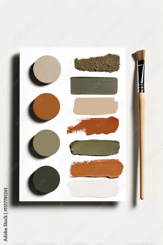 Poster paint swatches and brush on white background, illustrating interior design and creative color palett