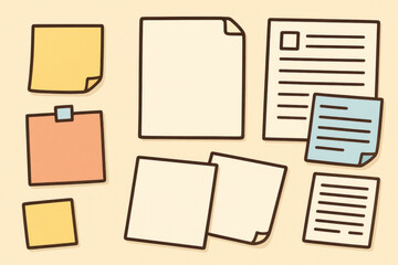 Stack of paper and sticky notes, arranged in a messy pile on a desk.
