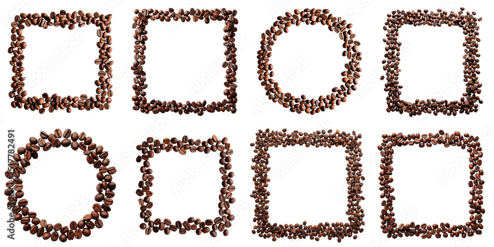 Poster frames composed of roasted coffee beans arranged in various shapes including squares and circles on 