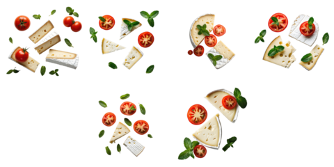 Cheese slices and cherry tomatoes with fresh mint leaves arranged on a transparent background, isolated for culinary presentation and food styling use.