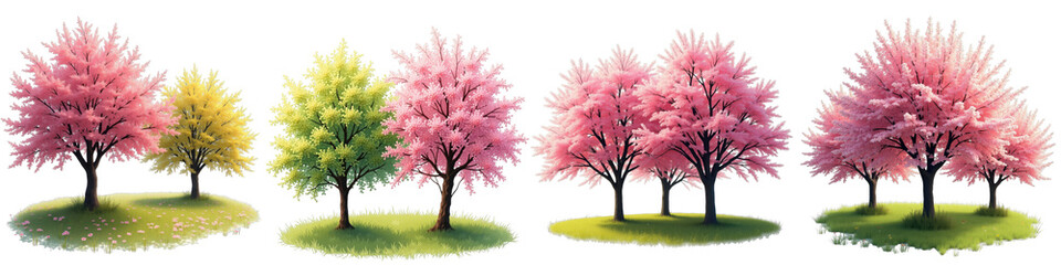 Colorful flowering trees with vibrant blossoms in a spring garden setting on a transparent background illustrating various shades of pink and green foliage