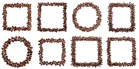 Frames composed of roasted coffee beans arranged in various shapes including squares and circles on a transparent background for customizable designs.