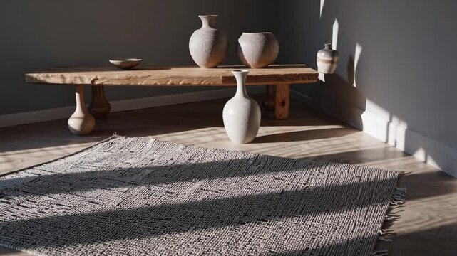Minimalist wabi sabi interior design with sunlight illuminating room