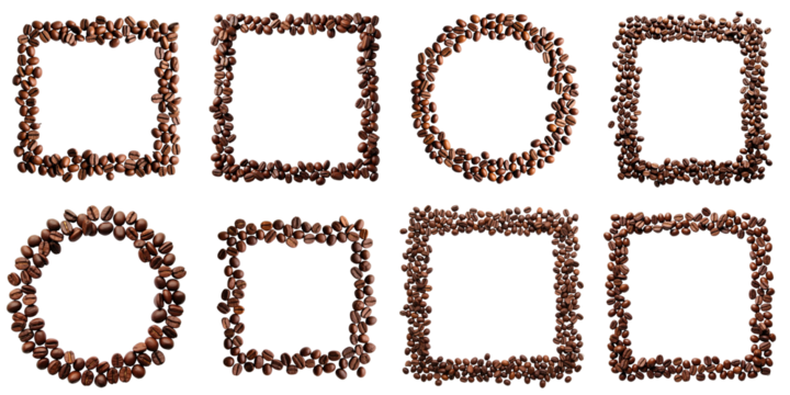 Frames composed of roasted coffee beans arranged in various shapes including squares and circles on a transparent background for customizable designs.