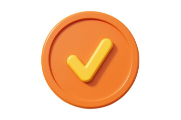 3d check mark in circular badge style with plastic orange material, designed in cartoon minimalism, top down perspective with soft drop shadow.