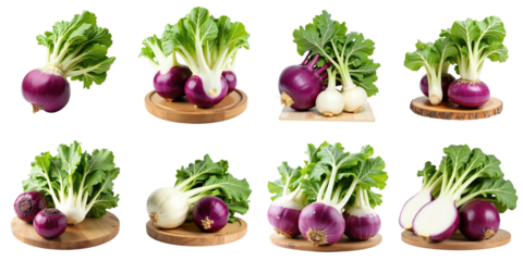 Collection of fresh kohlrabi varieties with green leaves presented on wooden surfaces against a transparent background showcasing their distinct shapes and colors.