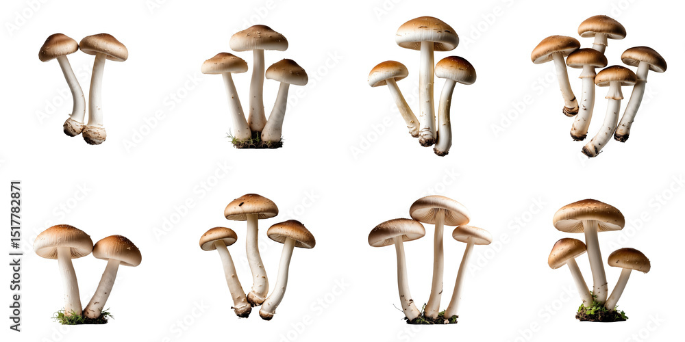Poster assorted champignon mushrooms arranged on a transparent background featuring various groupings and a