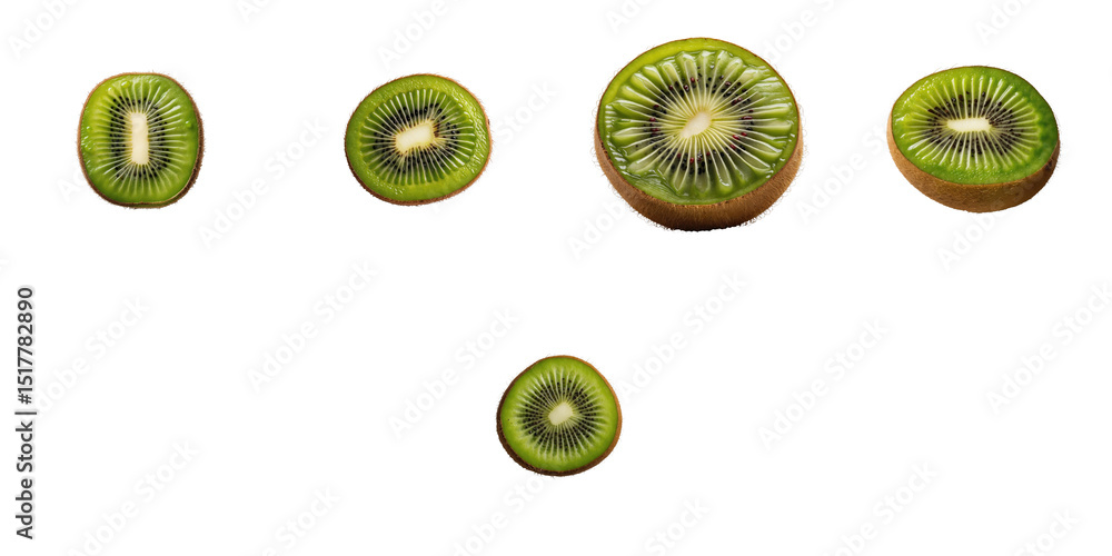 Poster sliced kiwi fruit arranged in various orientations on a transparent background displaying vibrant gr