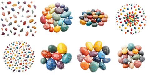 Assorted colorful stones arranged in various circular patterns on a transparent background featuring different sizes and textures ideal for creative projects.