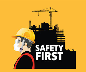 Construction Safety First Concept. Worker with PPE and Building Site Silhouette,Vector illustration