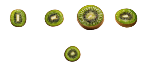 Sliced kiwi fruit arranged in various orientations on a transparent background displaying vibrant green flesh and textured brown skin highlighting their natural colors and patterns