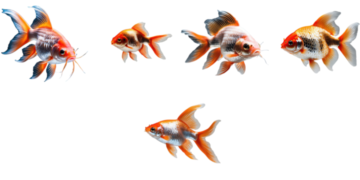 Ranchu goldfish in various sizes and colors arranged in an artistic manner on a transparent background illustrating their unique features and characteristics.