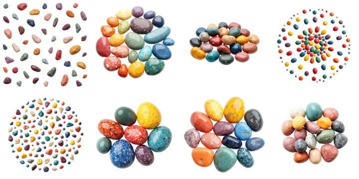 Assorted colorful stones arranged in various circular patterns on a transparent background featuring different sizes and textures ideal for creative projects.