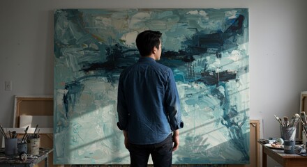 Man looks at abstract painting in art studio