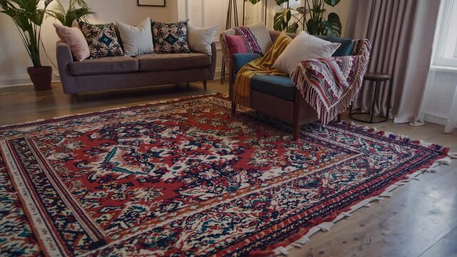 Cozy boho living room with persian rug