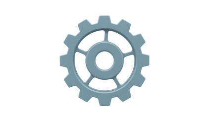 plastic style gear icon in steel grey blue with cartoon depth, circular cogwheel with 3d extrusion, front facing view, cleanly isolated on white transparent background.