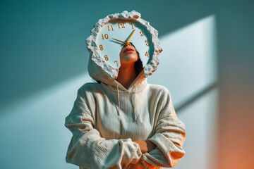 Artistic portrait of woman with melted clock sculpture as headwear in surreal concept setting