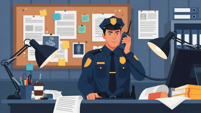 animation of a policeman talking on a handy talkie in his office animation