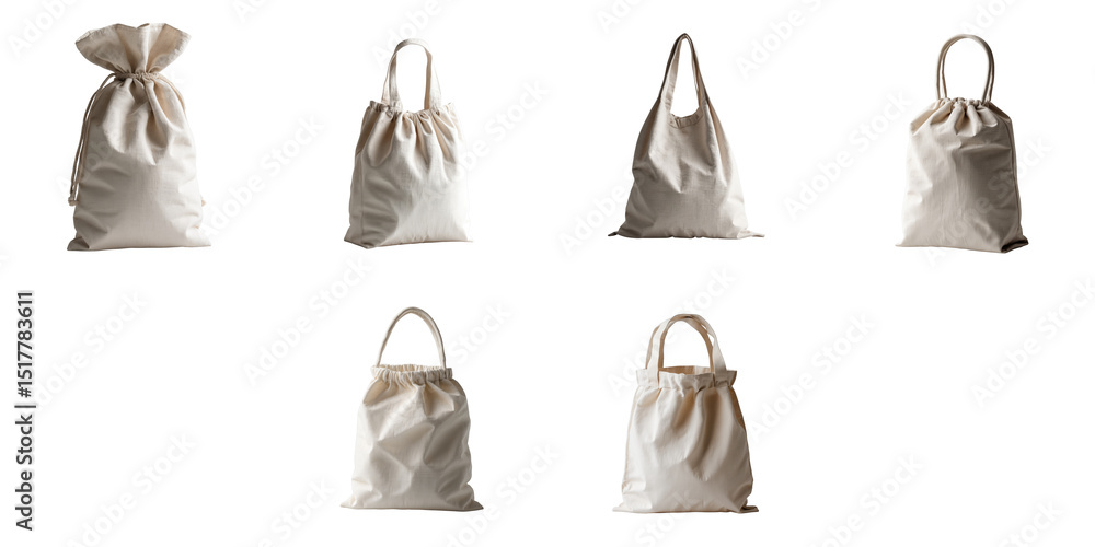 Poster set of six cloth bags in various styles and orientations completely isolated on a transparent backgr