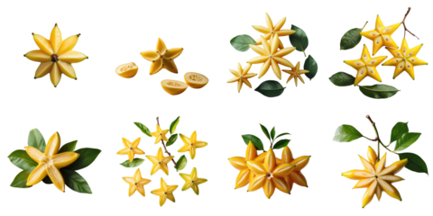 Fresh carambola star fruit arranged on transparent background showcasing whole and halved fruit with green leaves for a vibrant natural presentation.